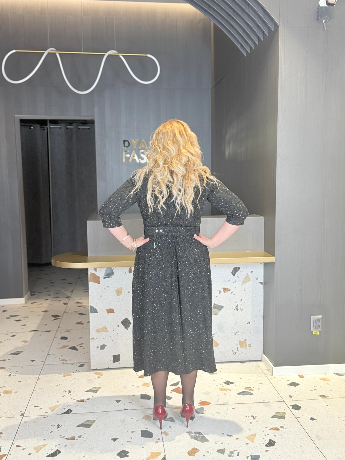 Rochie Midi Neagra Cu Fir Lurex Si Centura Decorativa DYA1952 - imagine 4