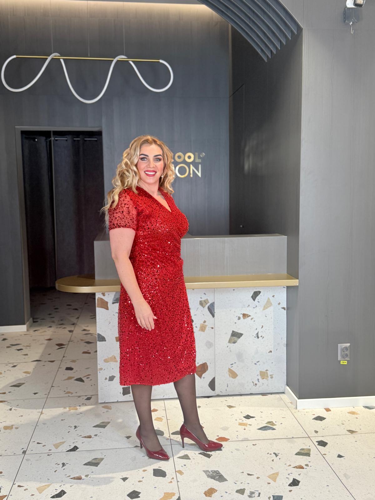 Rochie Midi Rosie Din Paiete Cu Decolteu In V DYA1953 - imagine 3