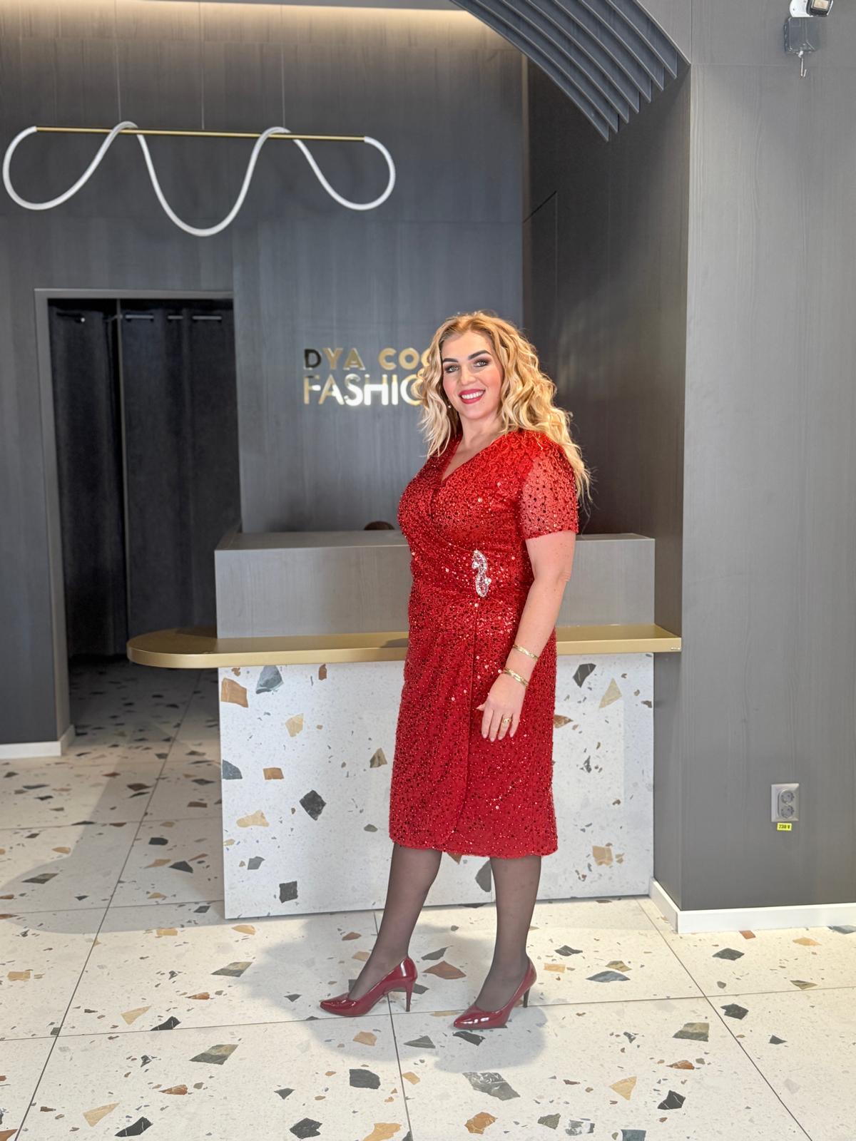 Rochie Midi Rosie Din Paiete Cu Decolteu In V DYA1953 - imagine 2