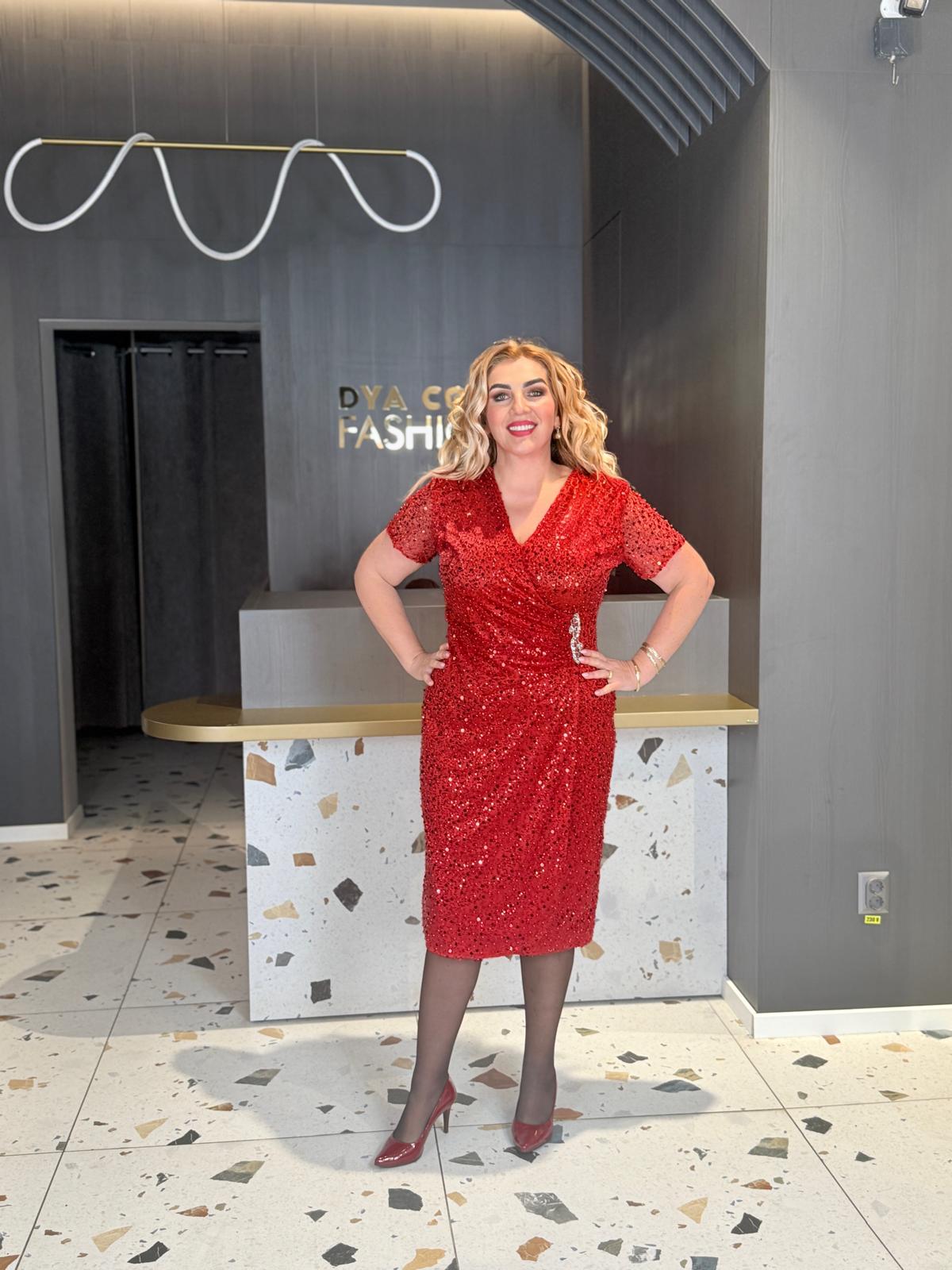 Rochie Midi Rosie Din Paiete Cu Decolteu In V DYA1953