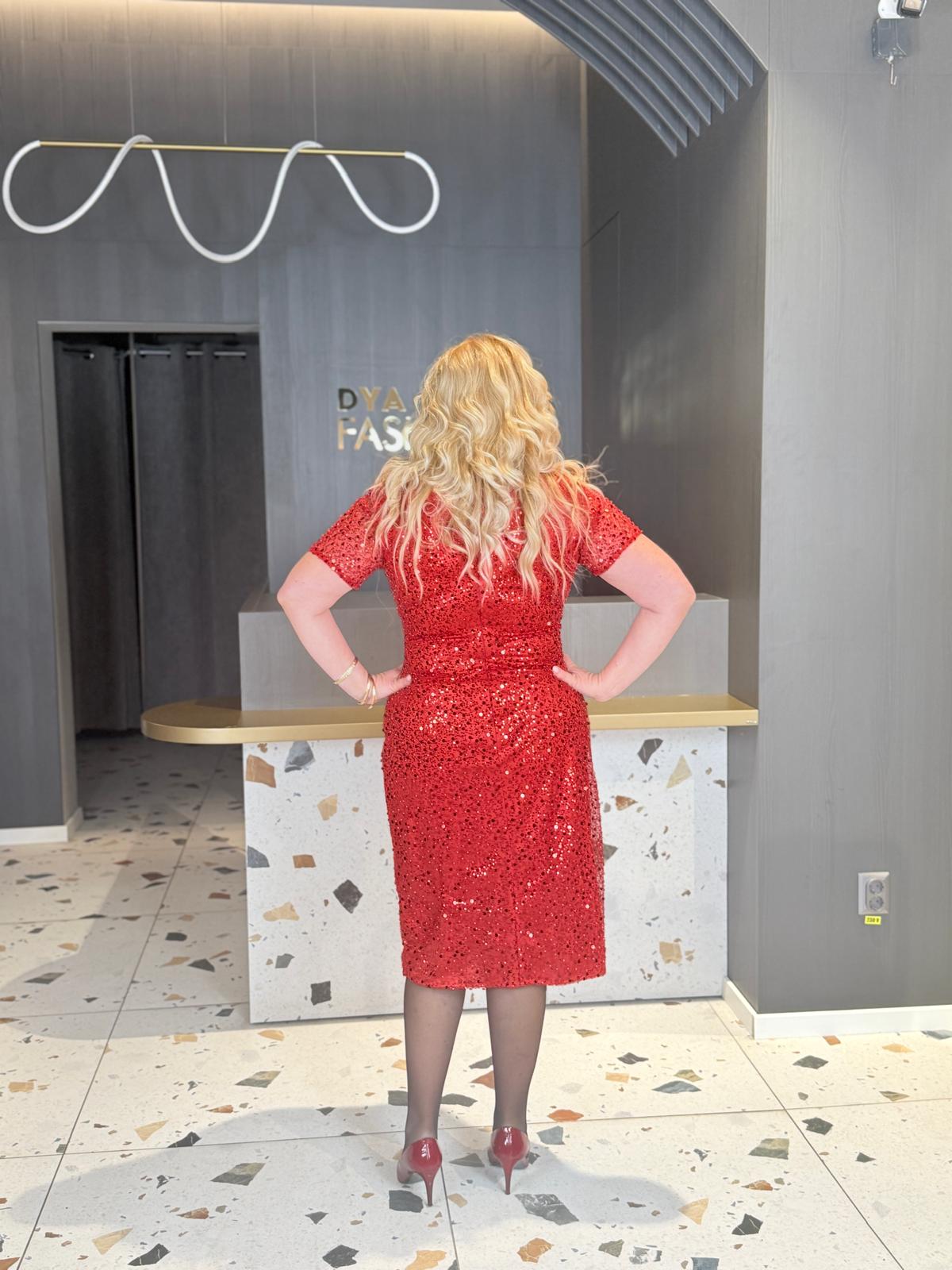 Rochie Midi Rosie Din Paiete Cu Decolteu In V DYA1953 - imagine 4